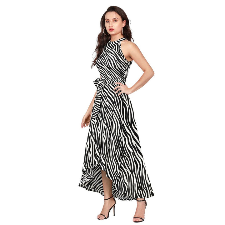 Odette White Polyester A-Line Animal Print Midi Dress with Belt (Set of 2)