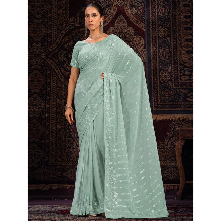 Odette Green Embellished Georgette Saree with Unstitched Blouse