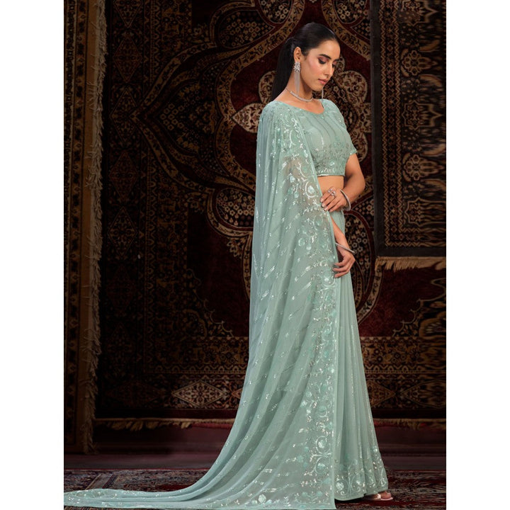 Odette Green Embellished Georgette Saree with Unstitched Blouse