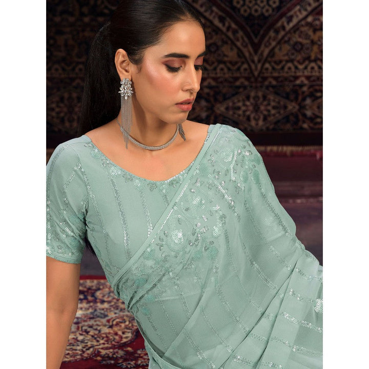 Odette Green Embellished Georgette Saree with Unstitched Blouse