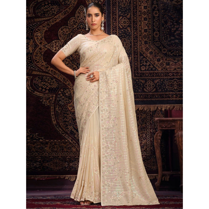 Odette Cream Embellished Georgette Saree with Unstitched Blouse