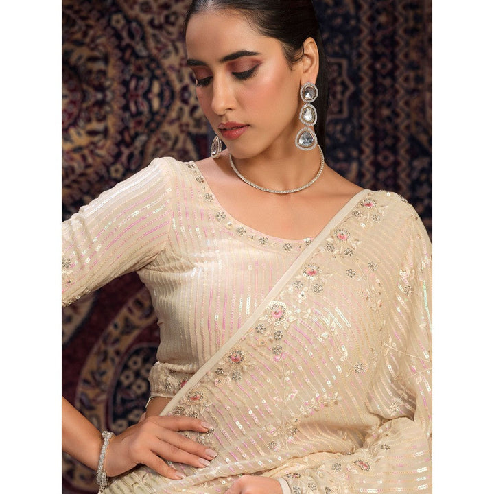 Odette Cream Embellished Georgette Saree with Unstitched Blouse