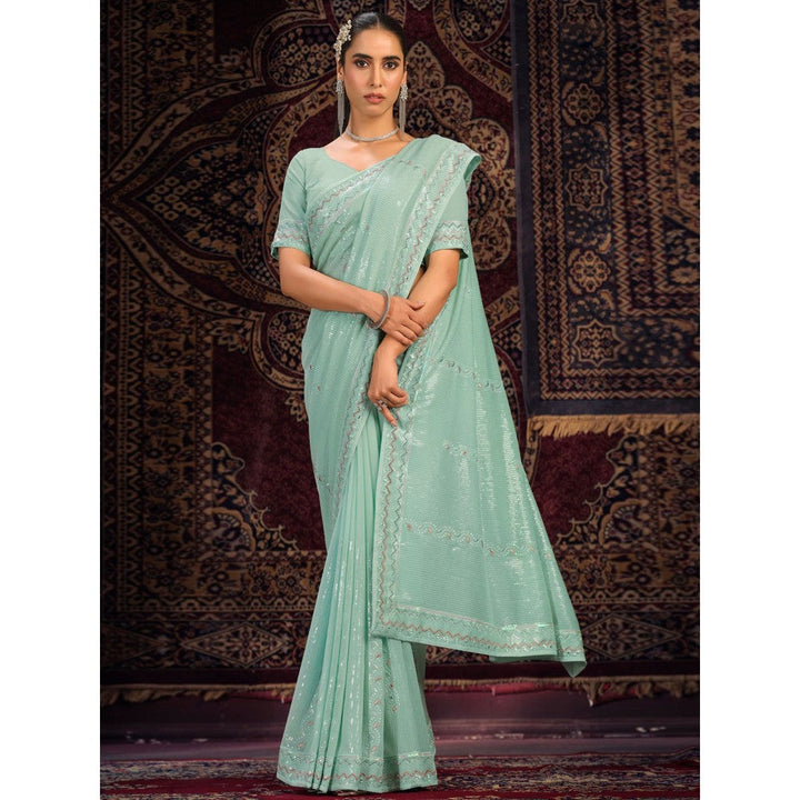 Odette Green Embellished Georgette Saree with Unstitched Blouse