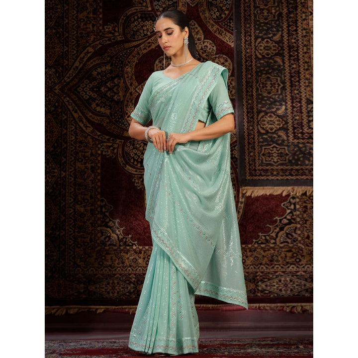 Odette Green Embellished Georgette Saree with Unstitched Blouse