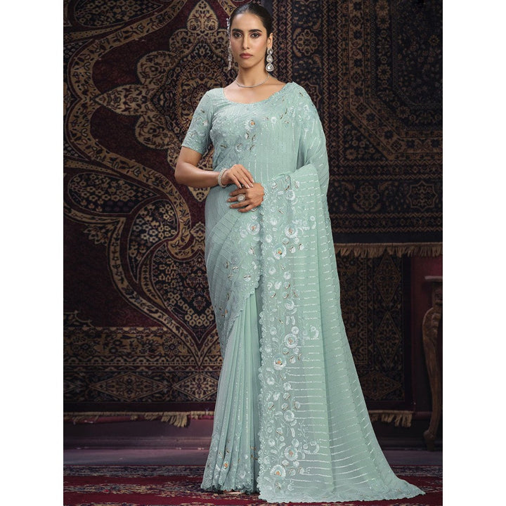 Odette Green Embellished Georgette Saree with Unstitched Blouse