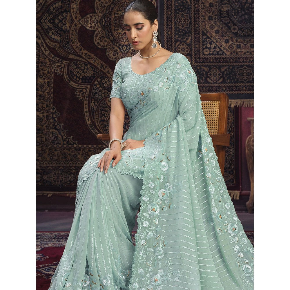 Odette Green Embellished Georgette Saree with Unstitched Blouse