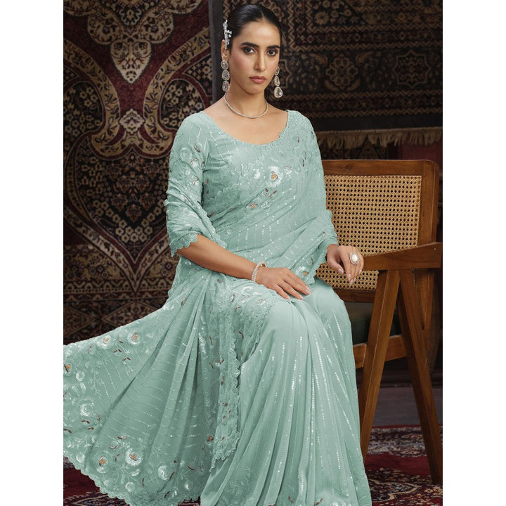 Odette Green Embellished Georgette Saree with Unstitched Blouse