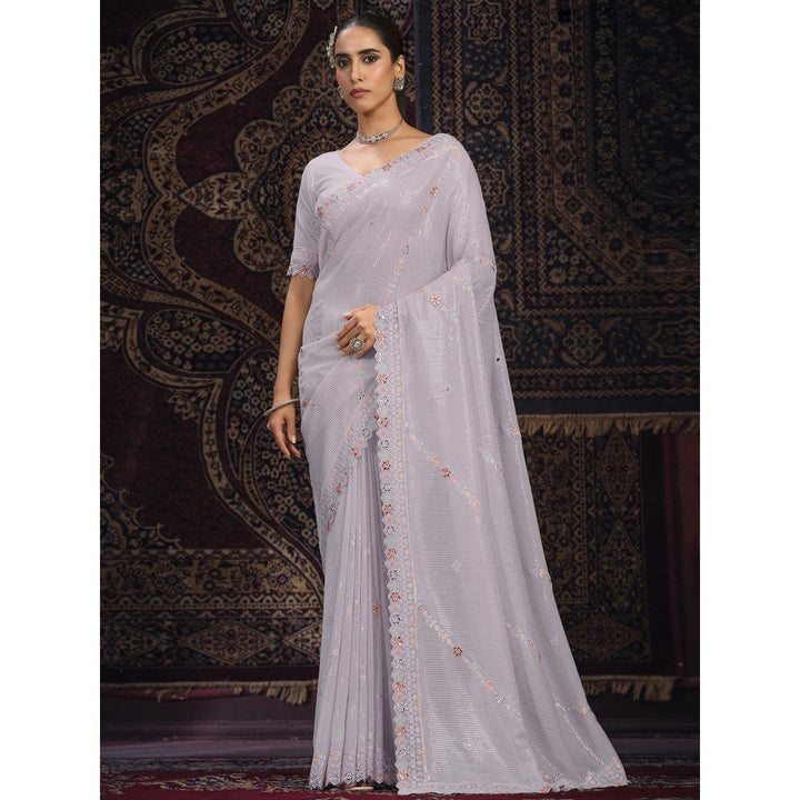 Odette Lavender Embellished Georgette Saree with Unstitched Blouse