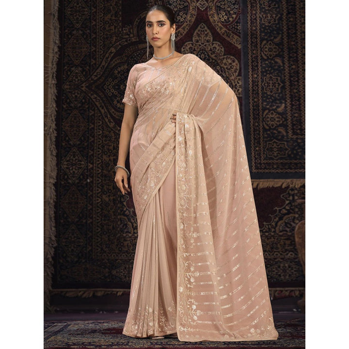 Odette Beige Embellished Georgette Saree with Unstitched Blouse