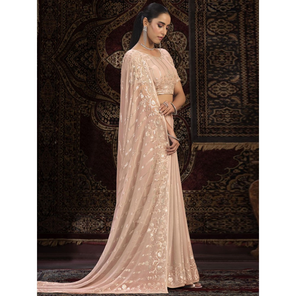 Odette Beige Embellished Georgette Saree with Unstitched Blouse