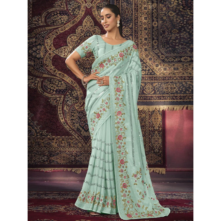 Odette Blue Embellished Georgette Saree with Unstitched Blouse