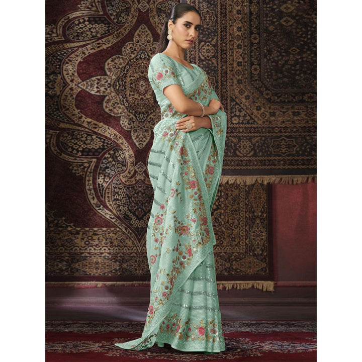 Odette Blue Embellished Georgette Saree with Unstitched Blouse