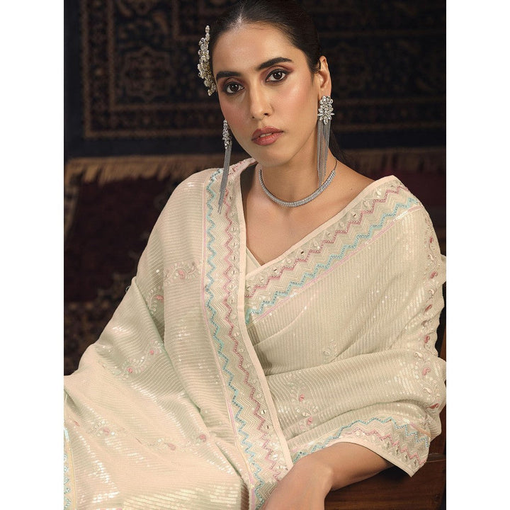 Odette Cream Embellished Georgette Saree with Unstitched Blouse