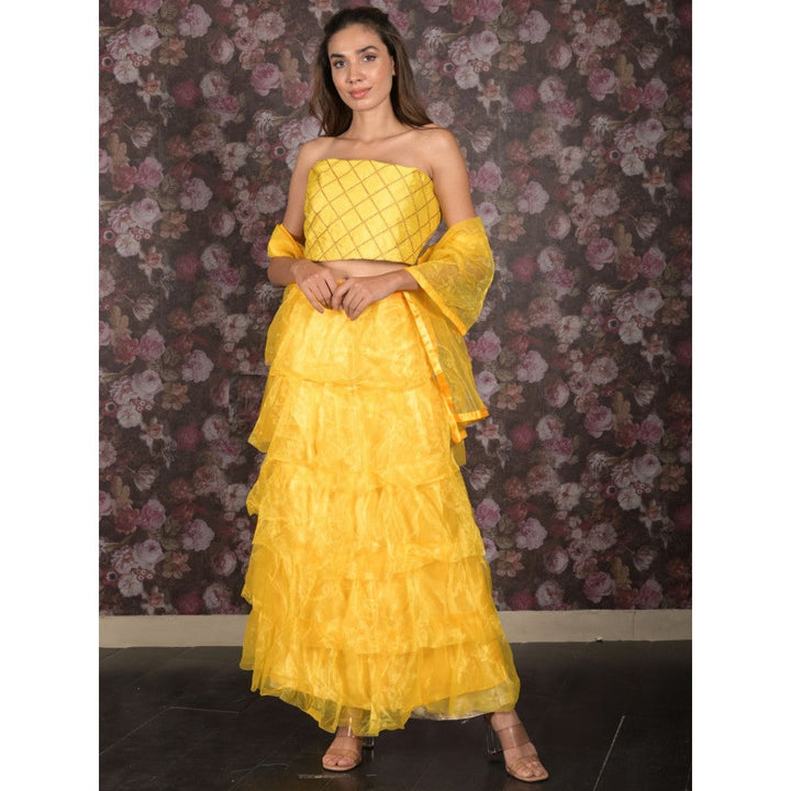 Odette Yellow Semi-Stitched Lehenga with Embroidered Unstitched Blouse and Dupatta (Set of 3)