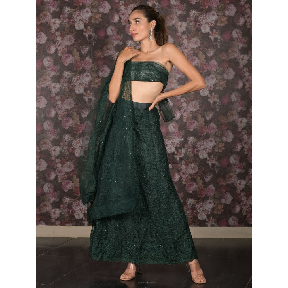 Odette Dark Green Embroidered Semi-Stitched Lehenga with Unstitched Blouse and Dupatta (Set of 3)