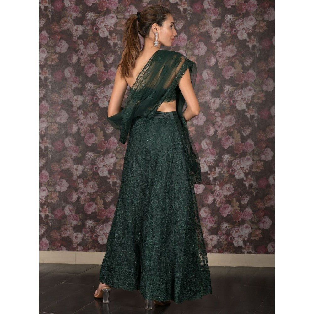 Odette Dark Green Embroidered Semi-Stitched Lehenga with Unstitched Blouse and Dupatta (Set of 3)