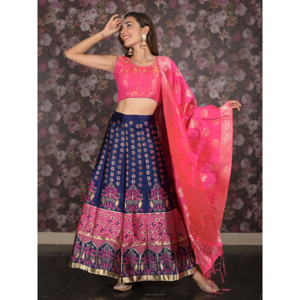 Odette Navy Blue Woven Semi-Stitched Lehenga with Unstitched Blouse and Dupatta (Set of 3)