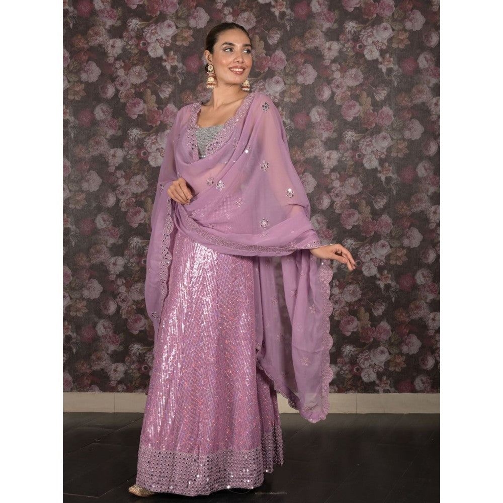 Odette Lavender Sequins-Mirror Semi-Stitched Lehenga with Unstitched Blouse and Dupatta (Set of 3)