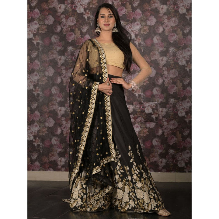 Odette Black Thread Embroidered Semi-Stitched Lehenga with Unstitched Blouse and Dupatta (Set of 3)