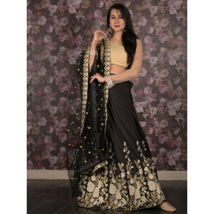 Odette Black Thread Embroidered Semi-Stitched Lehenga with Unstitched Blouse and Dupatta (Set of 3)