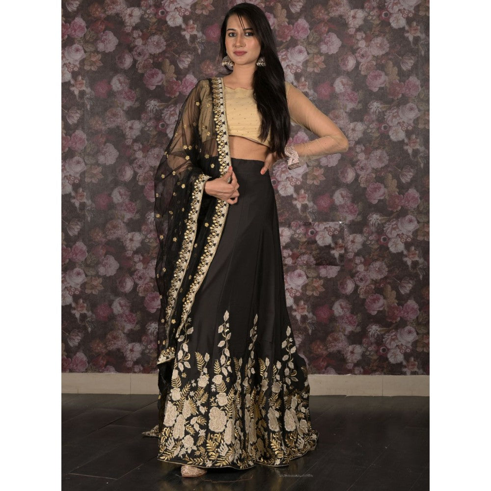 Odette Black Thread Embroidered Semi-Stitched Lehenga with Unstitched Blouse and Dupatta (Set of 3)