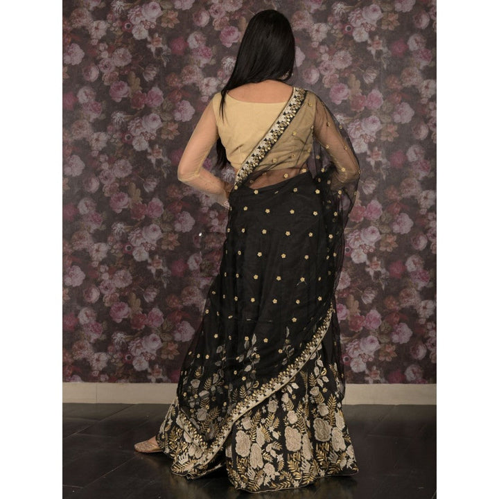 Odette Black Thread Embroidered Semi-Stitched Lehenga with Unstitched Blouse and Dupatta (Set of 3)