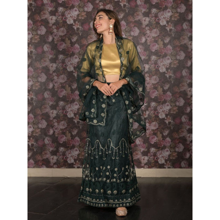 Odette Dark Green Embroidered Semi-Stitched Lehenga with Unstitched Blouse and Dupatta (Set of 3)