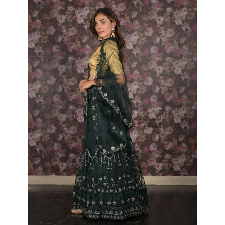 Odette Dark Green Embroidered Semi-Stitched Lehenga with Unstitched Blouse and Dupatta (Set of 3)