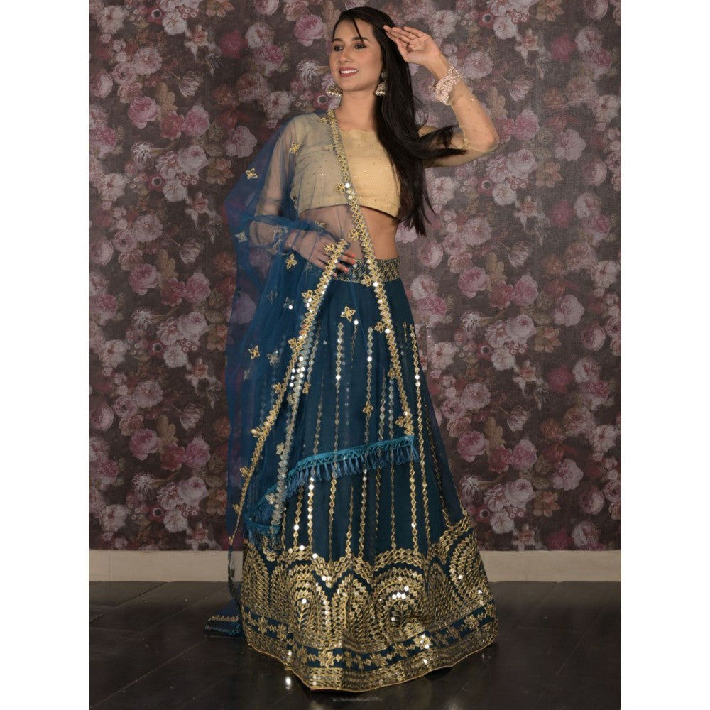 Odette Teal Embroidered Semi-Stitched Lehenga with Unstitched Blouse and Dupatta (Set of 3)