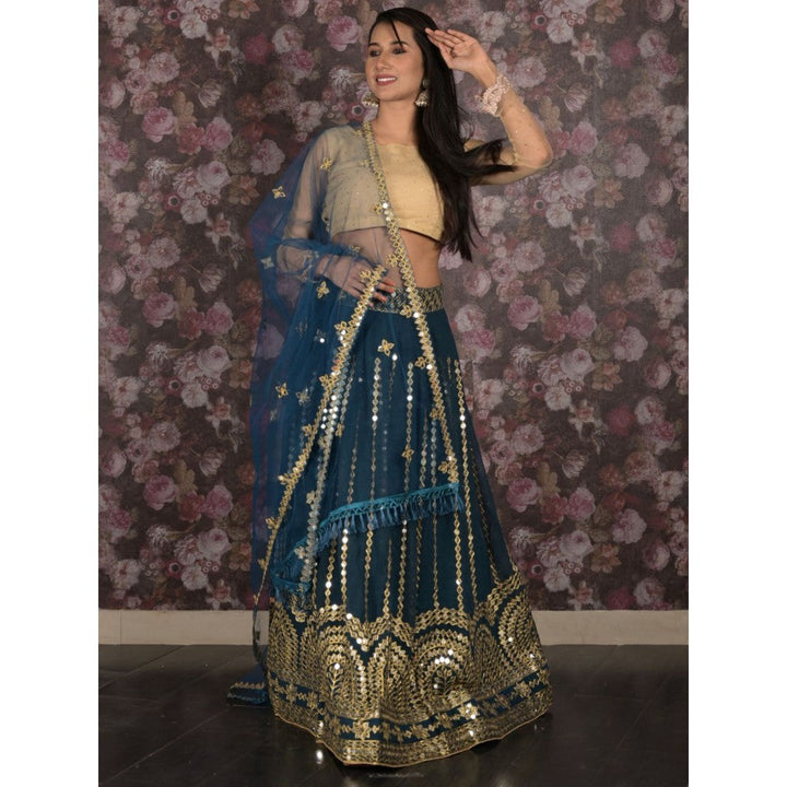 Odette Teal Embroidered Semi-Stitched Lehenga with Unstitched Blouse and Dupatta (Set of 3)