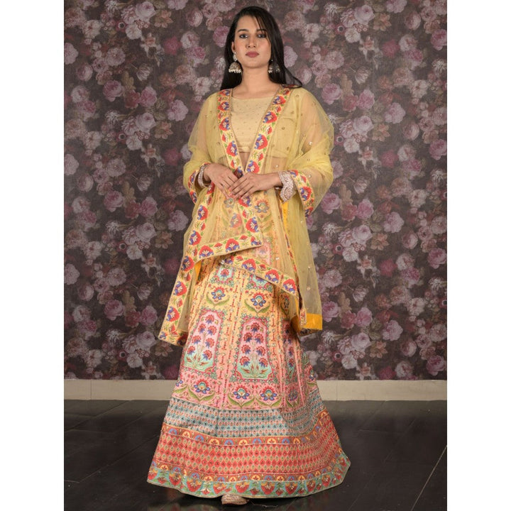 Odette Yellow Embroidered Semi-Stitched Lehenga with Unstitched Blouse and Dupatta (Set of 3)