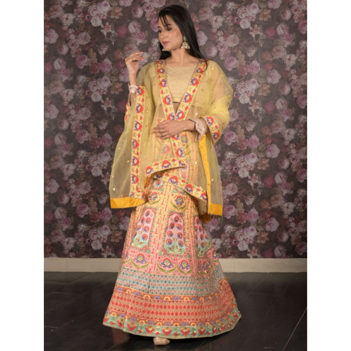 Odette Yellow Embroidered Semi-Stitched Lehenga with Unstitched Blouse and Dupatta (Set of 3)