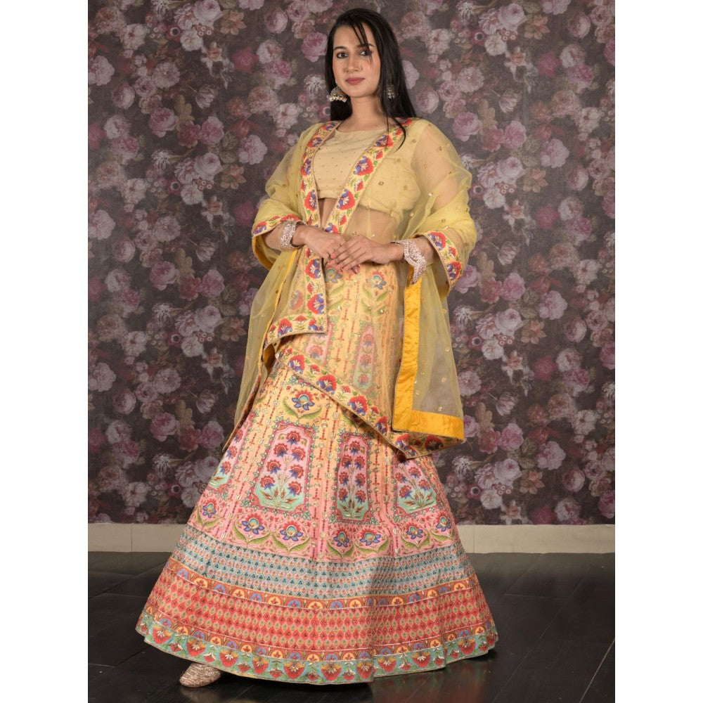 Odette Yellow Embroidered Semi-Stitched Lehenga with Unstitched Blouse and Dupatta (Set of 3)