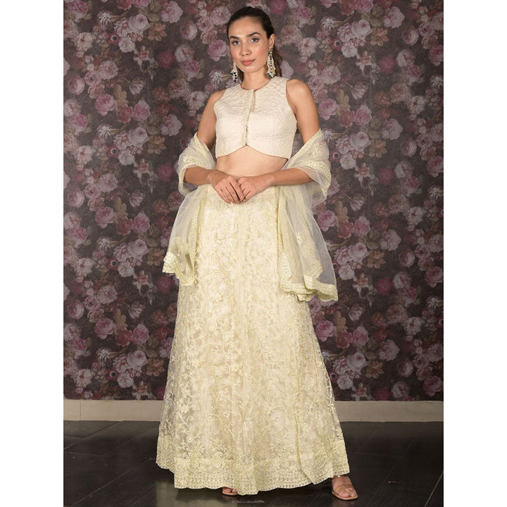 Odette Off White Embroidered Semi-Stitched Lehenga with Unstitched Blouse and Dupatta (Set of 3)