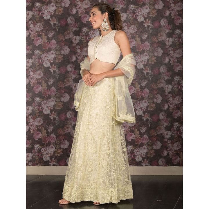 Odette Off White Embroidered Semi-Stitched Lehenga with Unstitched Blouse and Dupatta (Set of 3)