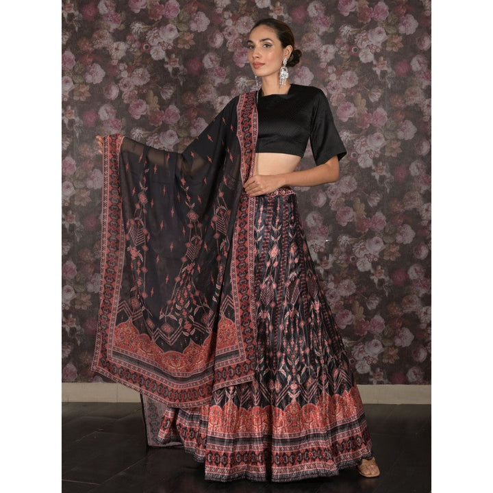 Odette Black Printed Beads Semi- Stitched Lehenga with Unstitched Blouse and Dupatta (Set of 3)