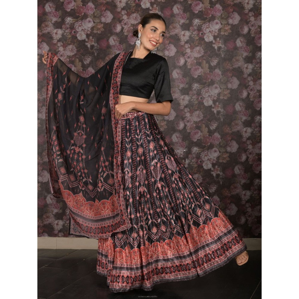 Odette Black Printed Beads Semi- Stitched Lehenga with Unstitched Blouse and Dupatta (Set of 3)