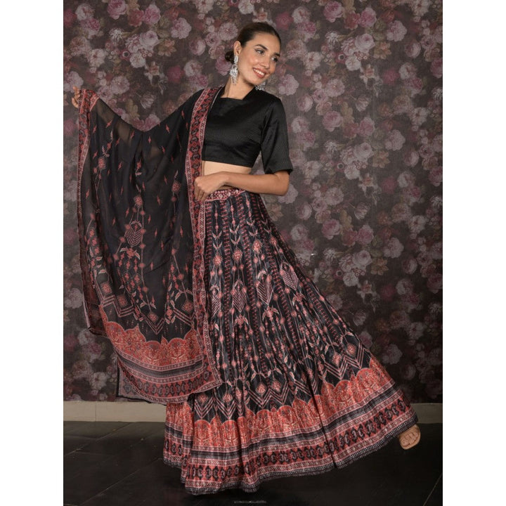 Odette Black Printed Beads Semi- Stitched Lehenga with Unstitched Blouse and Dupatta (Set of 3)