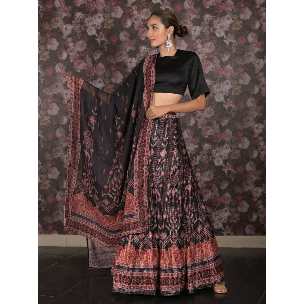 Odette Black Printed Beads Semi- Stitched Lehenga with Unstitched Blouse and Dupatta (Set of 3)