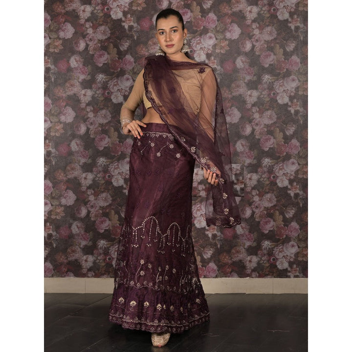 Odette Dark Purple Semi-Stitched Embroidered Lehenga with Unstitched Blouse and Dupatta (Set of 3)