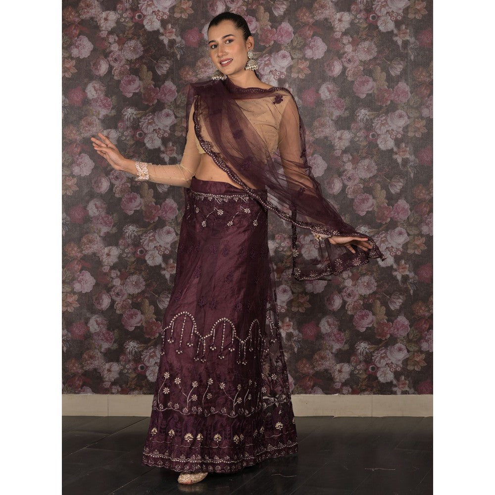 Odette Dark Purple Semi-Stitched Embroidered Lehenga with Unstitched Blouse and Dupatta (Set of 3)