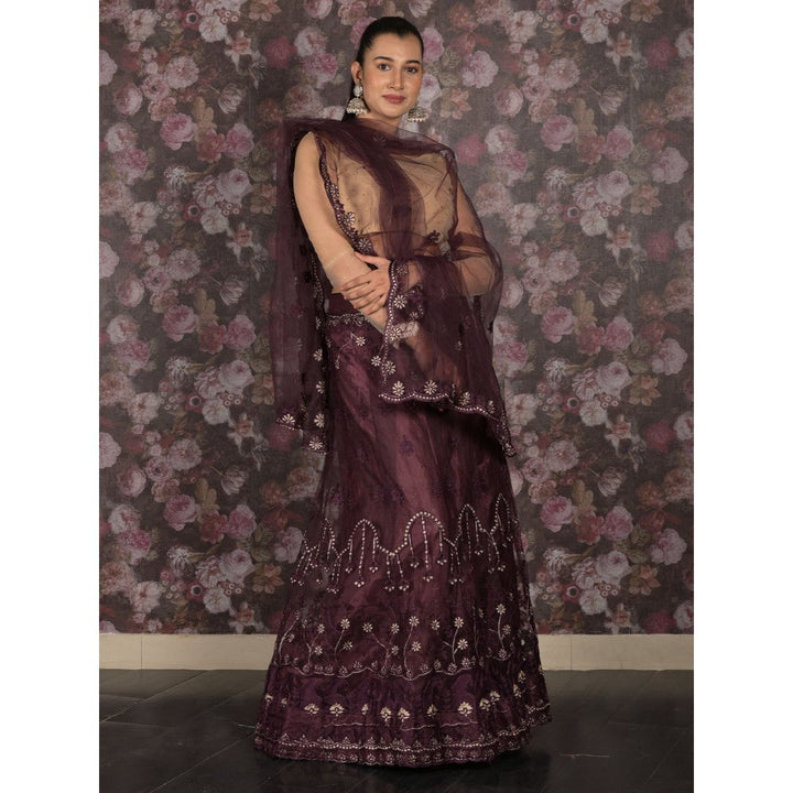 Odette Dark Purple Semi-Stitched Embroidered Lehenga with Unstitched Blouse and Dupatta (Set of 3)