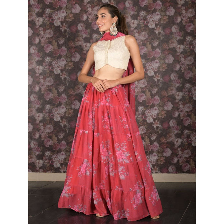 Odette Red Floral Printed Semi-Stitched Lehenga with Unstitched Blouse and Dupatta (Set of 3)