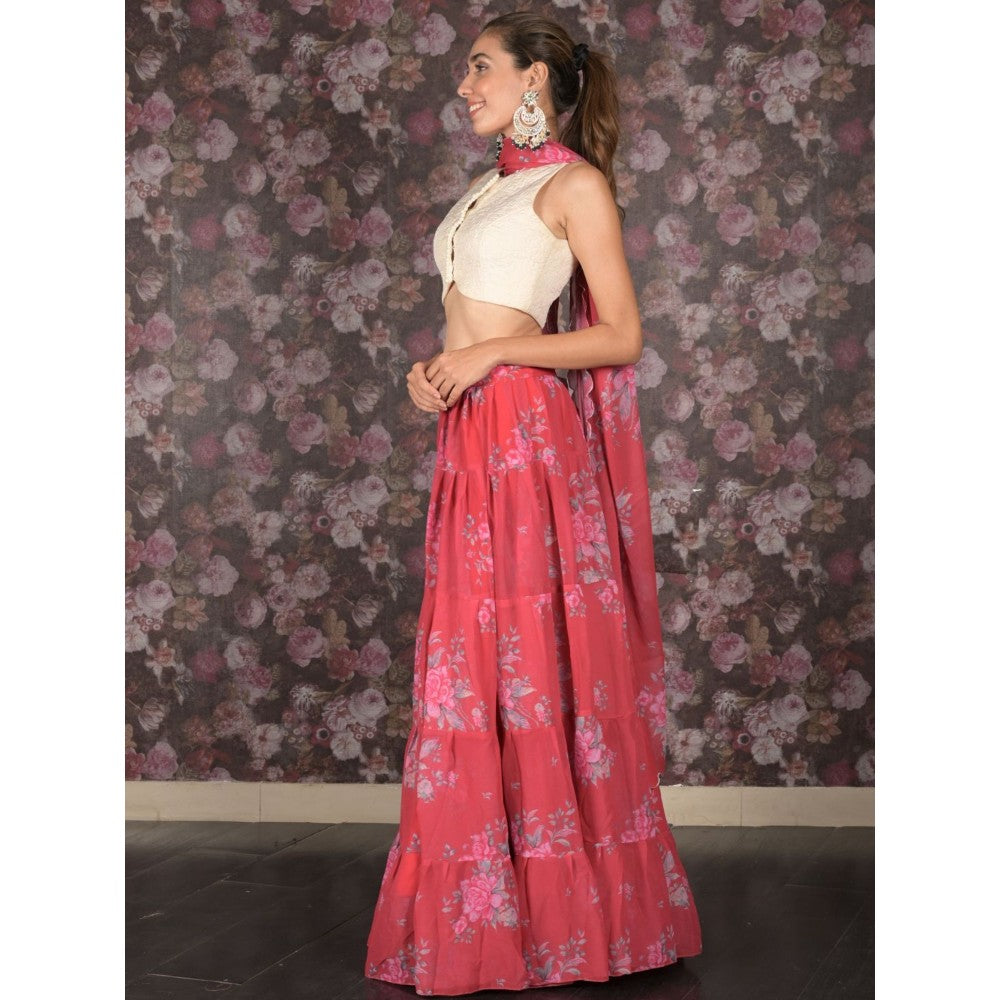 Odette Red Floral Printed Semi-Stitched Lehenga with Unstitched Blouse and Dupatta (Set of 3)