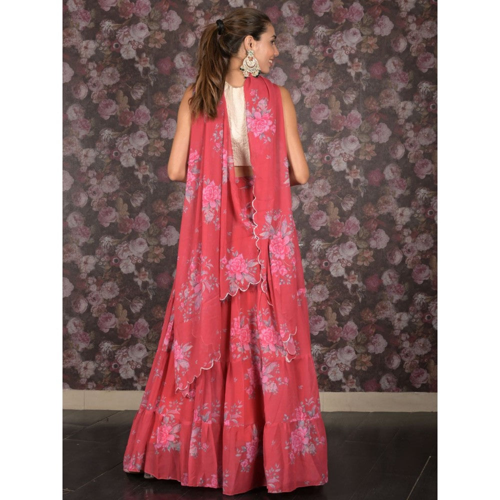 Odette Red Floral Printed Semi-Stitched Lehenga with Unstitched Blouse and Dupatta (Set of 3)