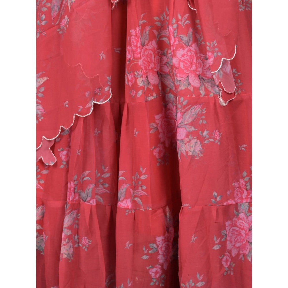 Odette Red Floral Printed Semi-Stitched Lehenga with Unstitched Blouse and Dupatta (Set of 3)