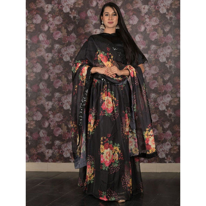 Odette Black Printed Semi-Stitched Lehenga with Unstitched Blouse and Dupatta (Set of 3)