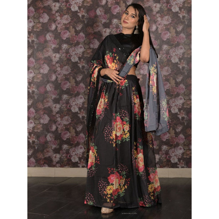 Odette Black Printed Semi-Stitched Lehenga with Unstitched Blouse and Dupatta (Set of 3)