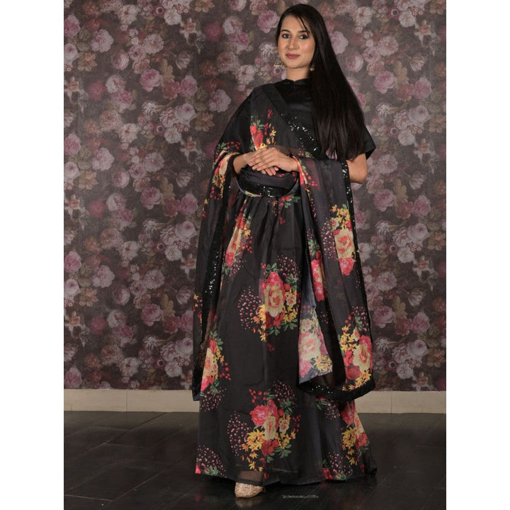 Odette Black Printed Semi-Stitched Lehenga with Unstitched Blouse and Dupatta (Set of 3)