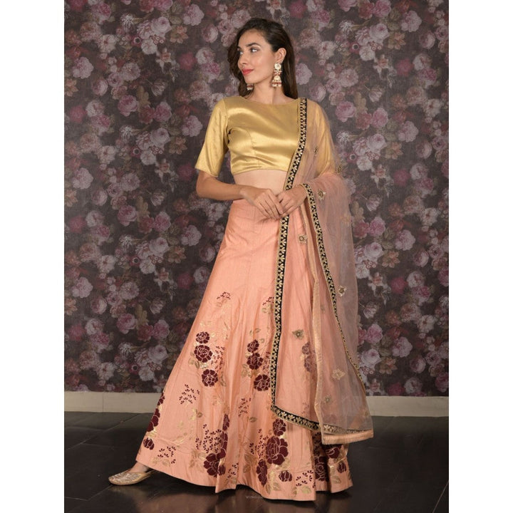 Odette Peach Hand Printed Semi-Stitched Lehenga with Unstitched Blouse and Dupatta (Set of 3)